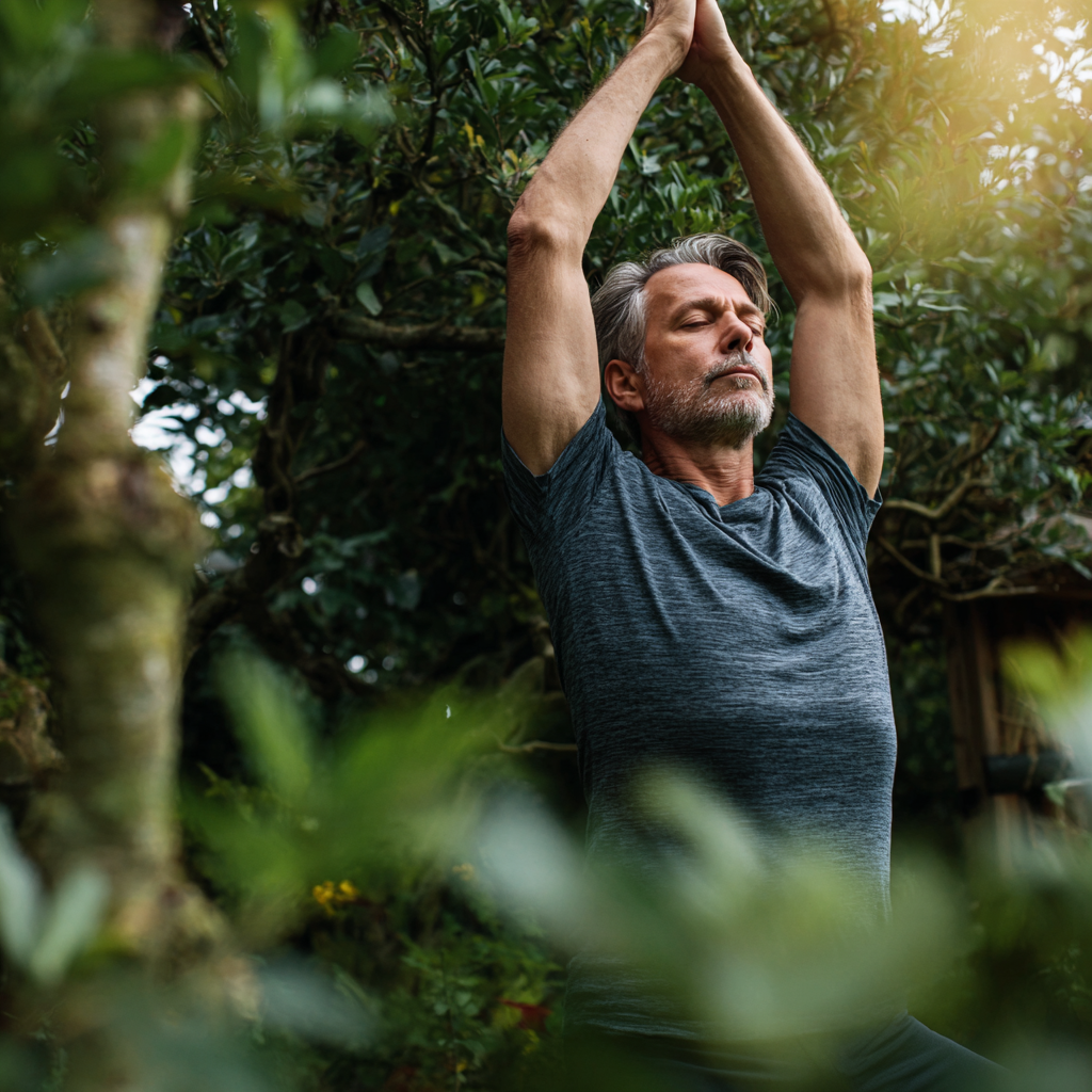 Чоловік 58 років виконує позу йоги на природі, в оточенні зелені, демонструє спокій та зосередженість