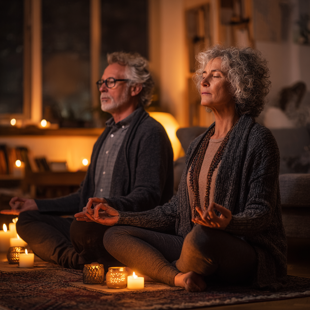 Пара людей віком 55-60 років сидить у позі лотоса з закритими очима, медитує в затишному залі зі свічками